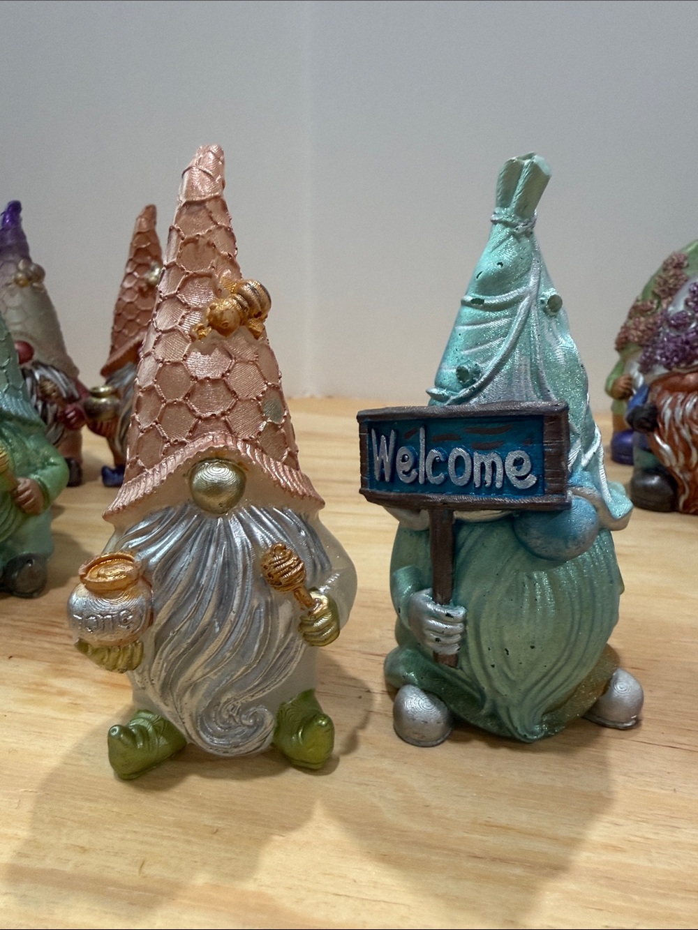 Decorative Welcome Gnome Figurine Set - Teal and Rose Gold